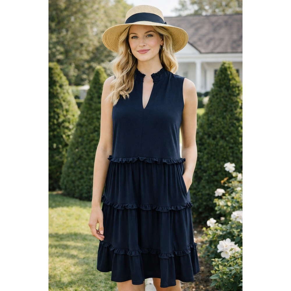 Tommy Hilfiger Dress Women's 4 Navy Blue Tiered Ruffle‎ Sleeveless V-Neck Preppy
